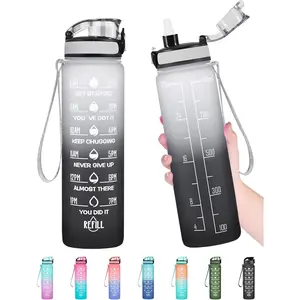 Water Bottle, Leakproof BPA & Toxic Free, Motivational with Times to Drink and Straw, Fitness Sports with Strap for Office, Gym, Outdoor Sports