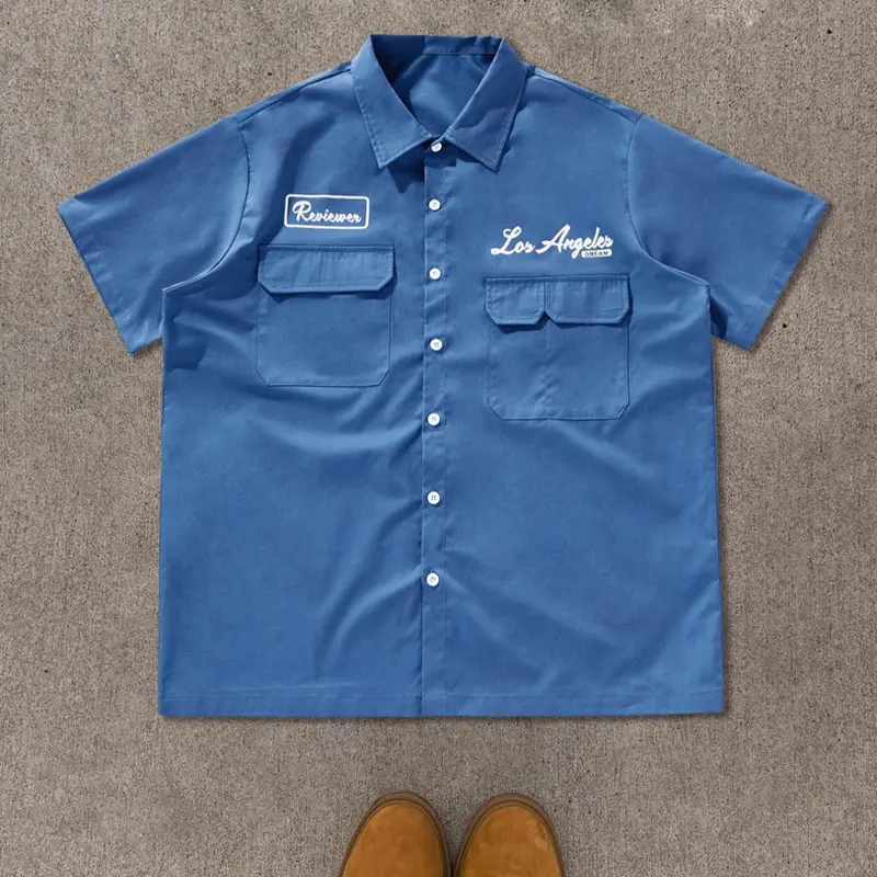 Men's Letter & Star Print Pocket Short Sleeve Casual Button Front Collared Shirt, Loose Casual Graphic Button Design Top for All Seasons, Fashion Men's Clothes for Daily Wear, Tropical, Loose Shirts, Menswear