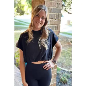 CHIC BLACK SHIRRED CROP ATHLEISURE TOP WITH CUFFED SLEEVES
