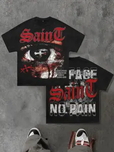 Y2K Bat Sleeve T-Shirt with Loose Fit, Saint Christian Saint Print Loose Unisex Shirt for Men and Women, Streetwear Party Nightclub Hip-Hop Geometric Aesthetic Casual Black Urban Fashion, Christmas Saint