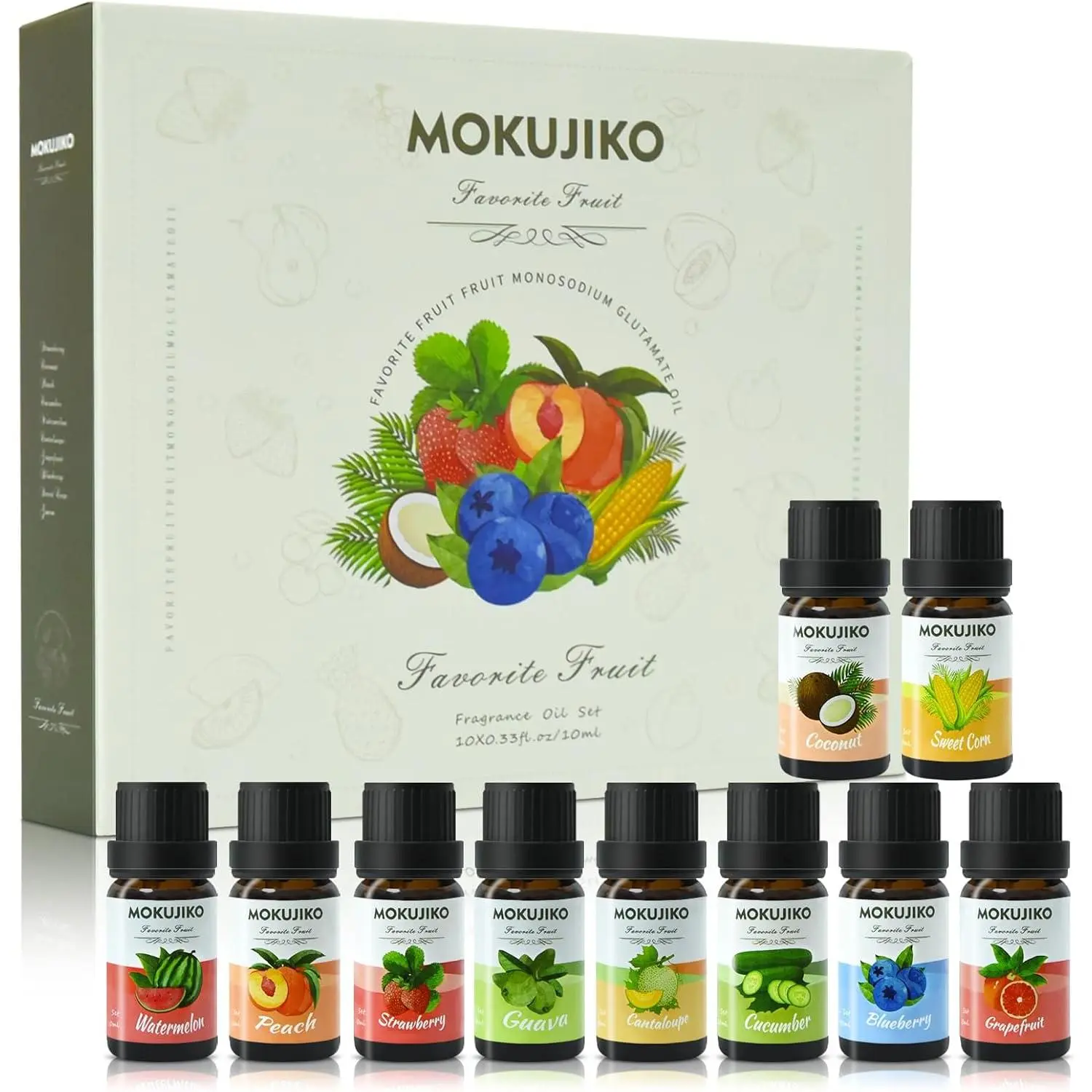 10x10ml Fruit Monosodium Glutamate Essential Oil Set - Long-Lasting, High-Quality Diffuser Option for Christmas, Soap Making (Coconut, Peach, Strawberry, Grapefruit Scents), Essential Oils