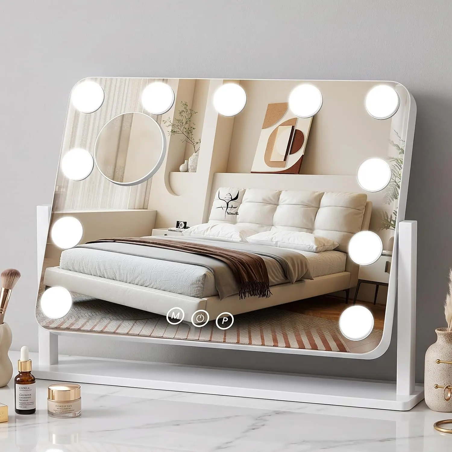 White Metal Hollywood Makeup Mirror with Lights - 17"×12" Desk Mirror, 11 Dimmable Bulbs, 3-Color Lighting, 360° Rotation, 10x Magnification, Press M/P Keys Switch, Gift for Home/Office Aluminium Decor