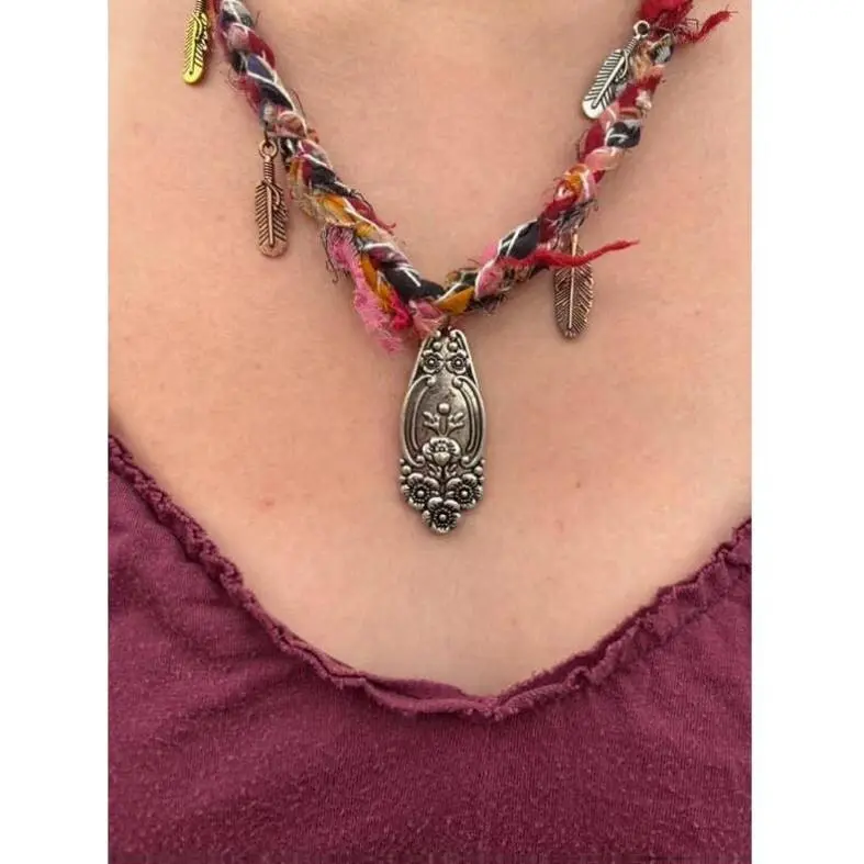 Little Hippie Chick Kantha Charm Necklace #13 - Unisex Eco-Friendly Jewelry with XL Lobster Clasp & Spoon Centerpiece 22" Length