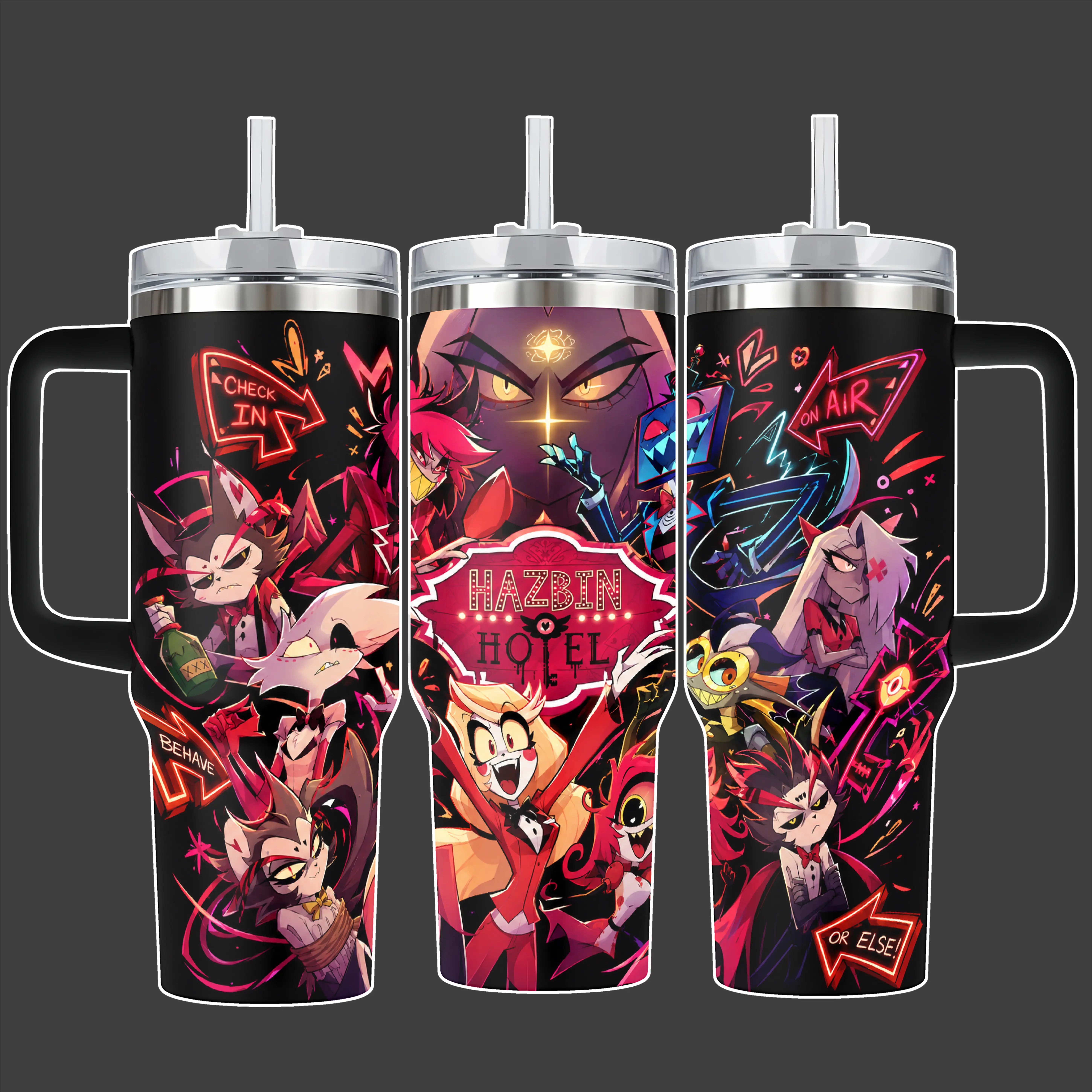 Hazbin Hotel Charlie Morningstar Alastor Vox Check In On Air Ensemble Tumbler Cup, Neon Red Pink Black Full Wrap Stainless Steel Insulated 20oz/40oz With Straw Lid Included, 40oz Handle Option