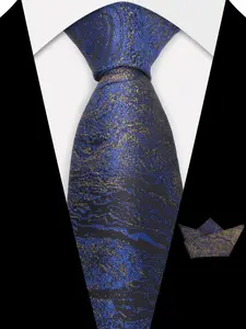 2pcs Blue Gold Marble Tie and Handkerchief Set, Men's Formal Wedding Business Accessories, Luxury All-Season Normal Width Tie, Stylish Tie Design