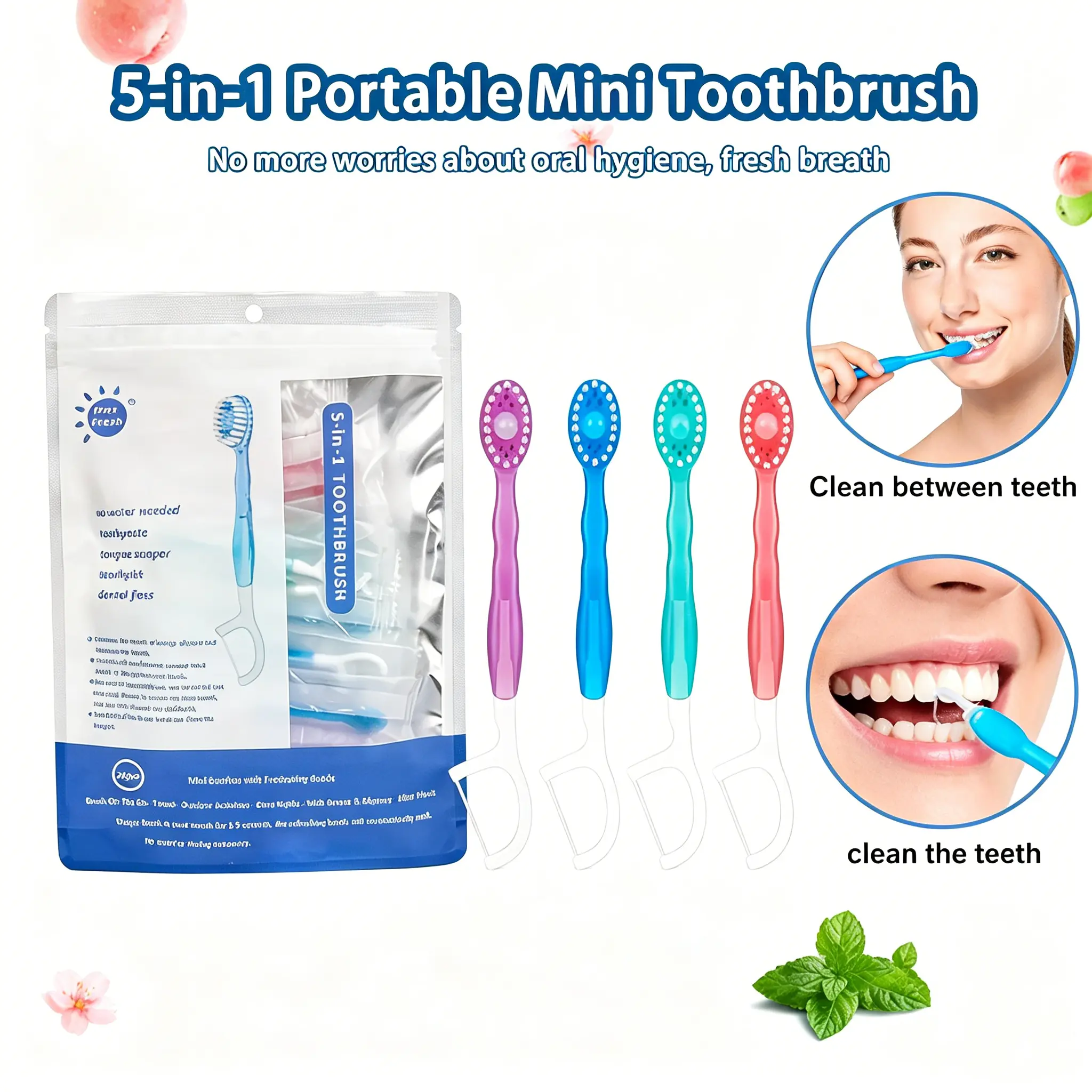 26Pcs 5 in 1 Mini Brushes - Disposable Toothbrushes with Toothpaste + Floss + Pick + Tongue Scraper | Individually Wrapped | Mint | 4Flavor Travel Set for Hotel Camping Flight Car Guest Use,summerwins