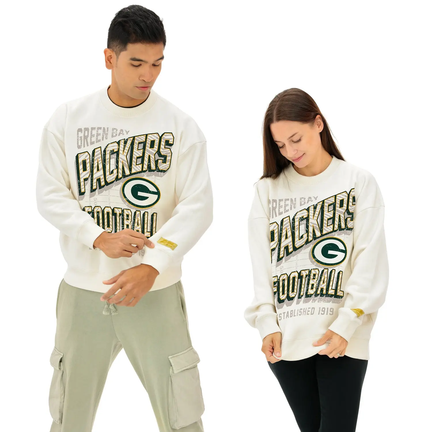 Zubaz NFL Green Bay Packers Adult Unisex Off White 2 Color Zebra 90s Vintage First Down Drop-Shoulder Crewneck Sweatshirt