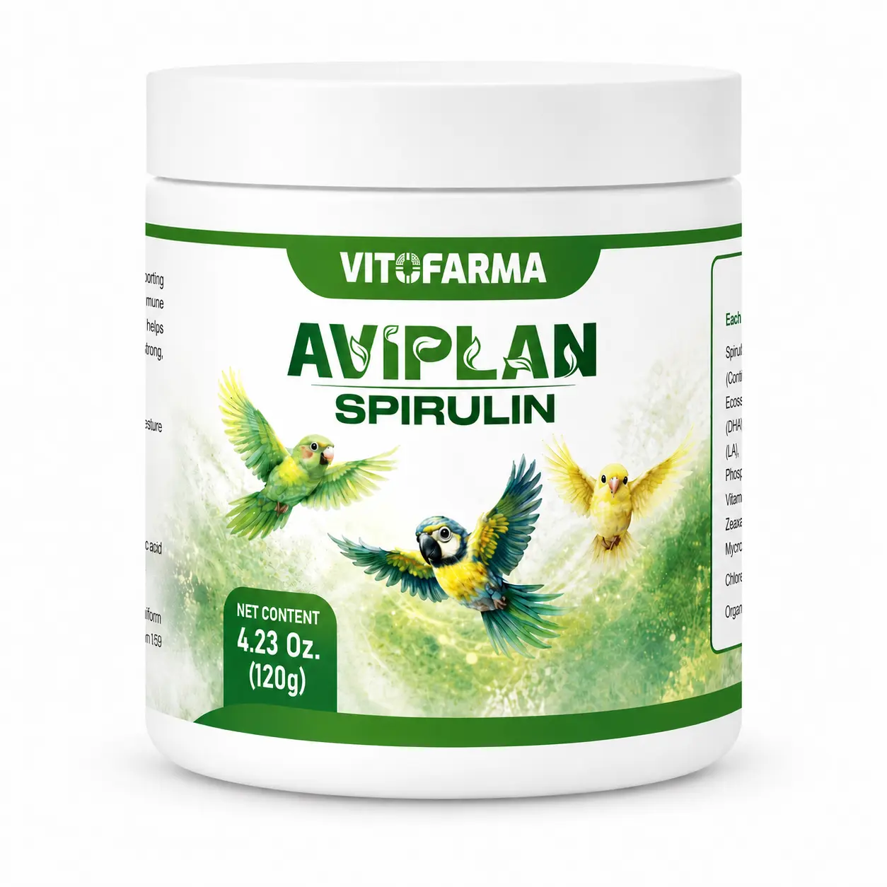 Vitofarma Aviplan High-Quality Spirulina Powder for Birds - Vitamin A Boost, Digestion Support, Healthy Growth Nutritional Supplement, 120g, Supports Natural Beauty