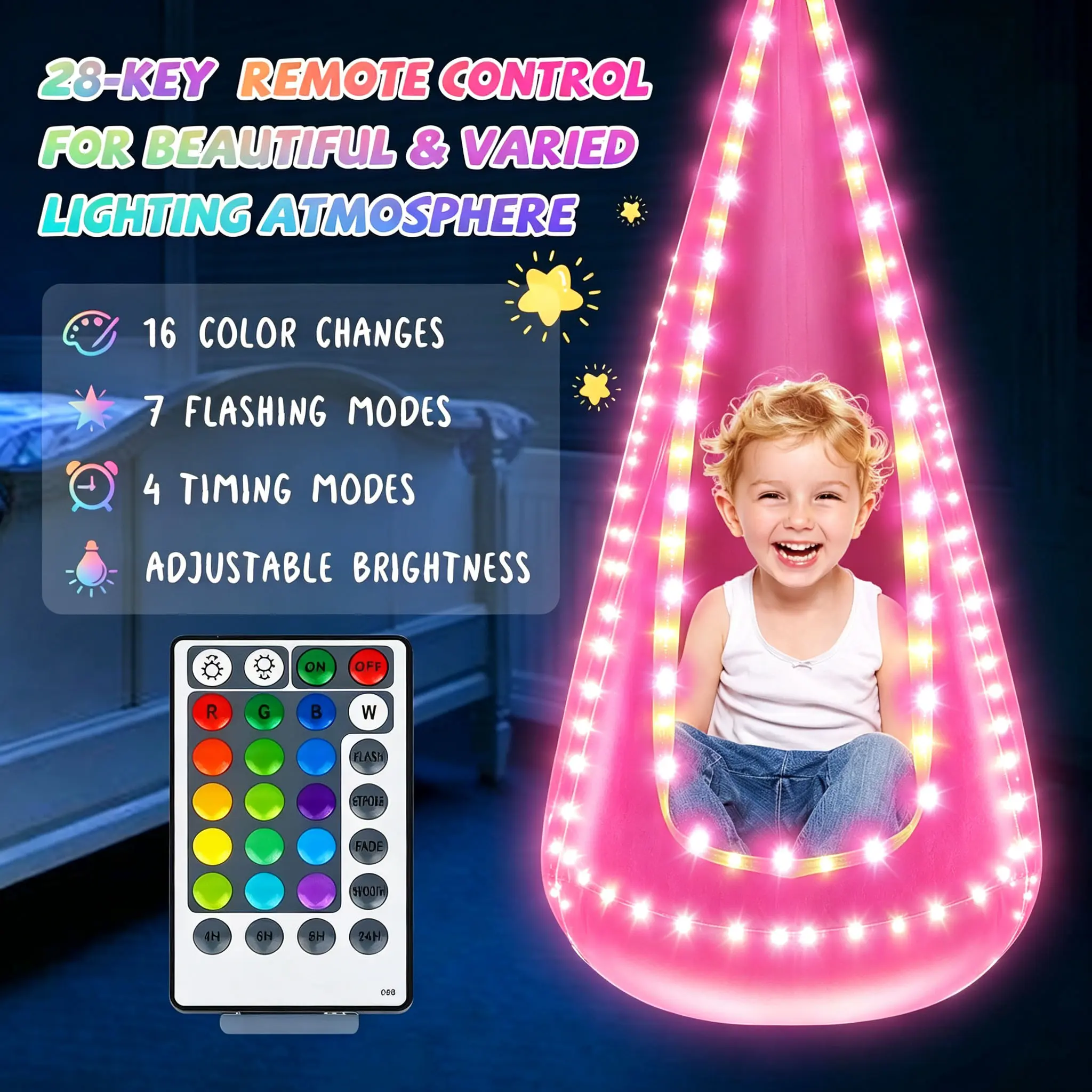 LED Light Sensory Pod Swing Seat, Remote Controlled Therapeutic Hanging Hammock Chair, Adjustable Color Lighting, Indoor Outdoor Use, 176 LBS Weight Capacity, Perfect Birthday & Holiday Gift