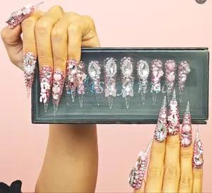 Colorful 2.1 Inches Long Stiletto Square Water Glitter Nails 10Pcs Handmade High Quality Acrylic Press On Nails Sparkly Rhinestones Flower Design Rhinestone Acrylicnail