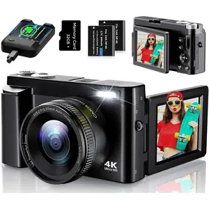 4K Digital Camera for Photography, UHD Autofocus 48MP 180° Flip Screen 16X Zoom Compact Point Shoot Vlogging Camera for YouTube with 2 Batteries, 32GB Card (Black)