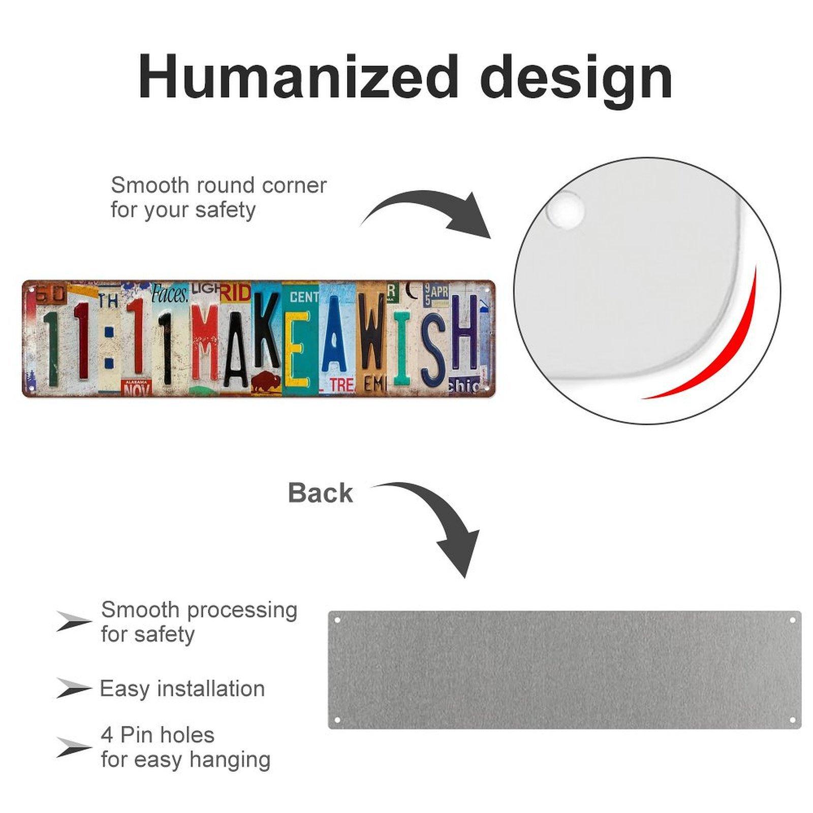 Vintage 11:11 Make A Wish License Plate Style Metal Tin Sign, 4x16 Inch (10×40cm) Wall Decor for Home, Bar, Coffee Shop, Man Cave, Inspirational Street Art