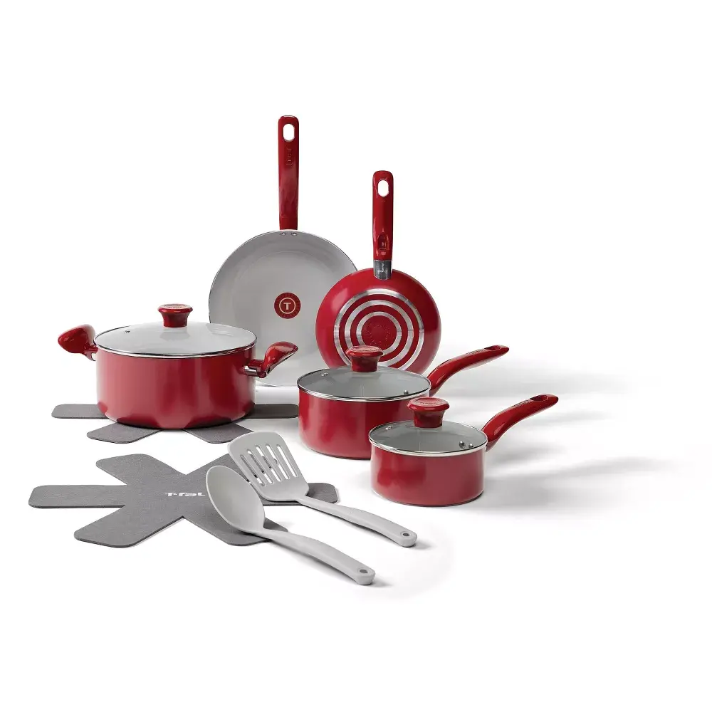 T-Fal 12pc Simply Cook Ceramic Cookware Set: Nonstick Red Ergonomic Handles Tempered Glass Lids Oven-Safe Rust-Resistant