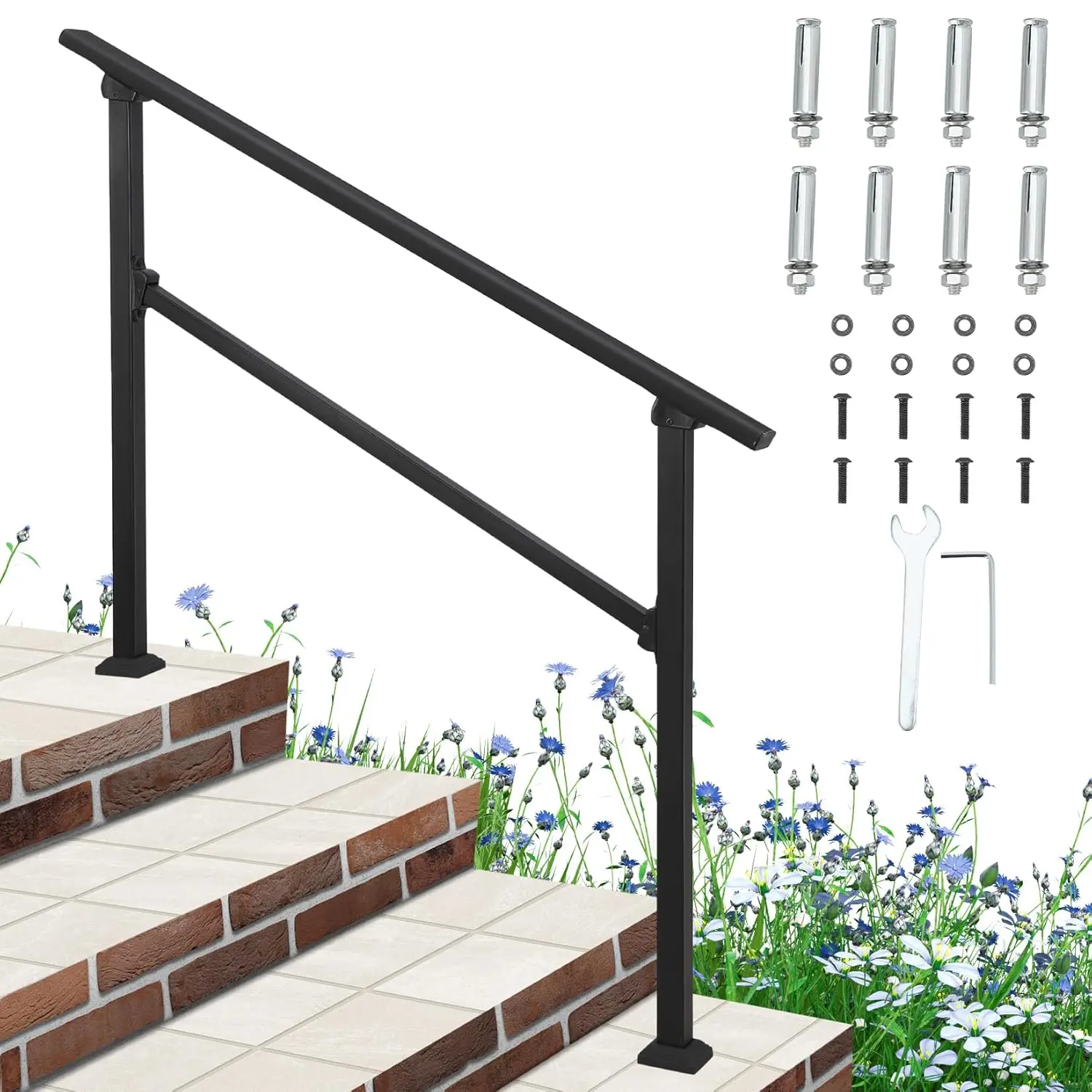 GARVEE Aluminum Alloy Handrails for Outdoor Steps: Versatile Exterior Stair Railing Solutions for 2 to 5 Steps, Ideal for Concrete and Porch Installations, Includes Installation Kit, Available in Black, Perfect for Safety and Style Enhancement
