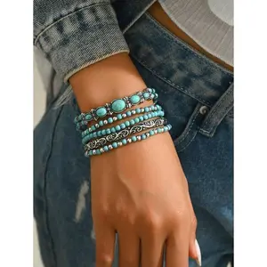 5pcs/Set Western Cowboy Style Faux Turquoise Series Fashion Stretch Beaded Bracelet Set, Suitable For Women Or Men For Daily Wear