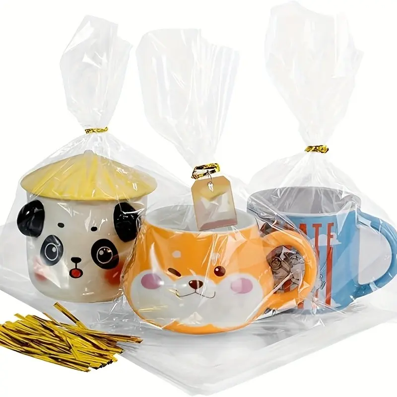 100 Transparent Glass Paper Bags with Twists, Plastic Gift Bags for Parties, Birthday Gifts, Small Packaging Supplies