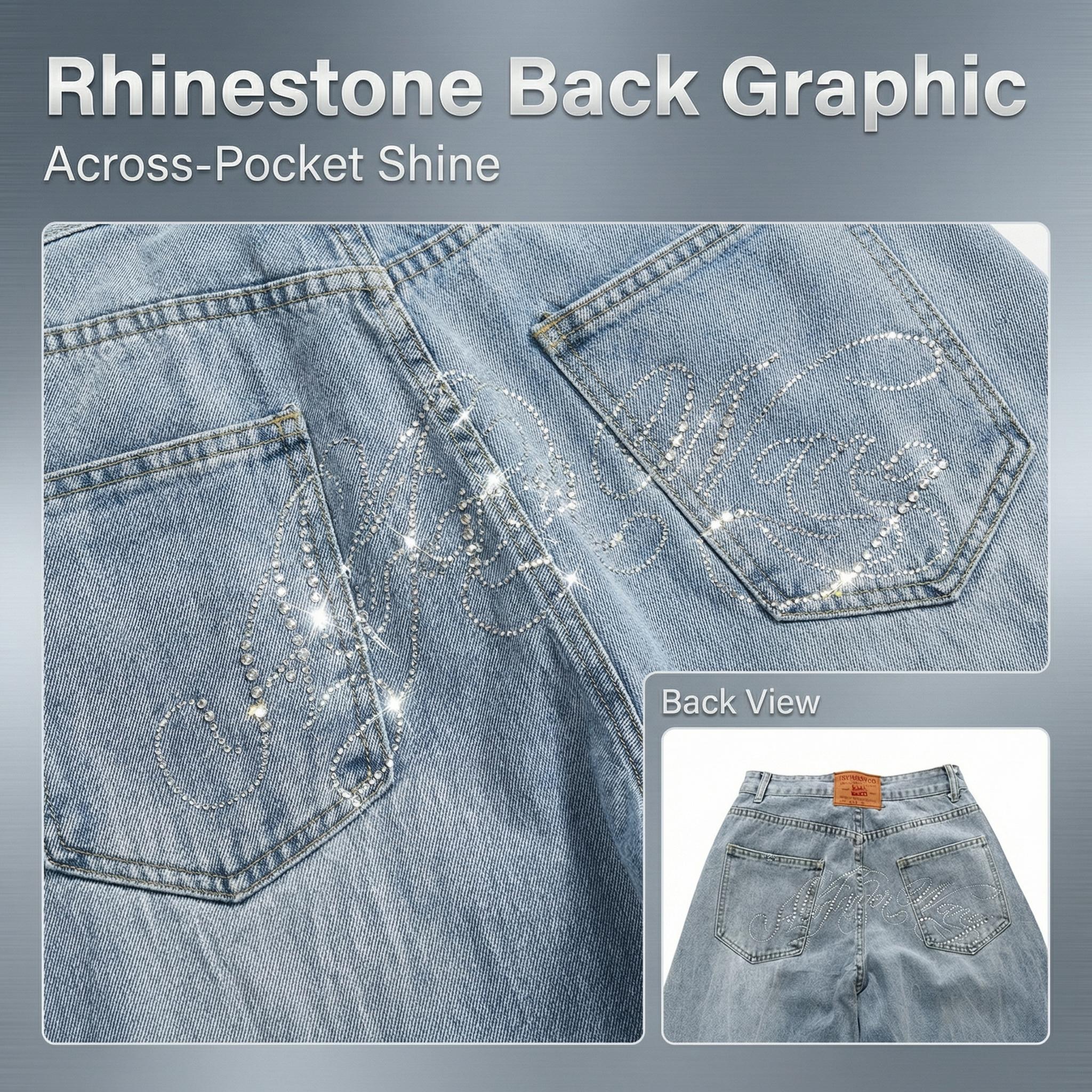 Women’s Baggy Wide-Leg Jeans Comfortable High-Waisted Light-Wash Denim Pants with Y2K Rhinestone Graphics Vintage 2000s Casual Hip-Hop Streetwear