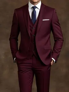 Men'S 3pcs Suit Set - Slim Fit, Long Sleeve, Solid Color, Non-Stretch Fabric, Lapel Collar, Fake Buttons, All-Season Wear, Perfect for Weddings, Work Uniforms, And Holiday Gifts, Wedding Attire | Slim Fit Suit | Nonstretch Fabric, Suit For Men