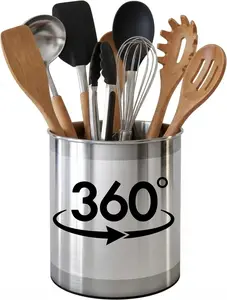 Extra Large Rotating Utensil Holder Caddy with Weighted Base, Removable Divider, and Gripped Insert – Rust-Proof Metal, Dishwasher Safe