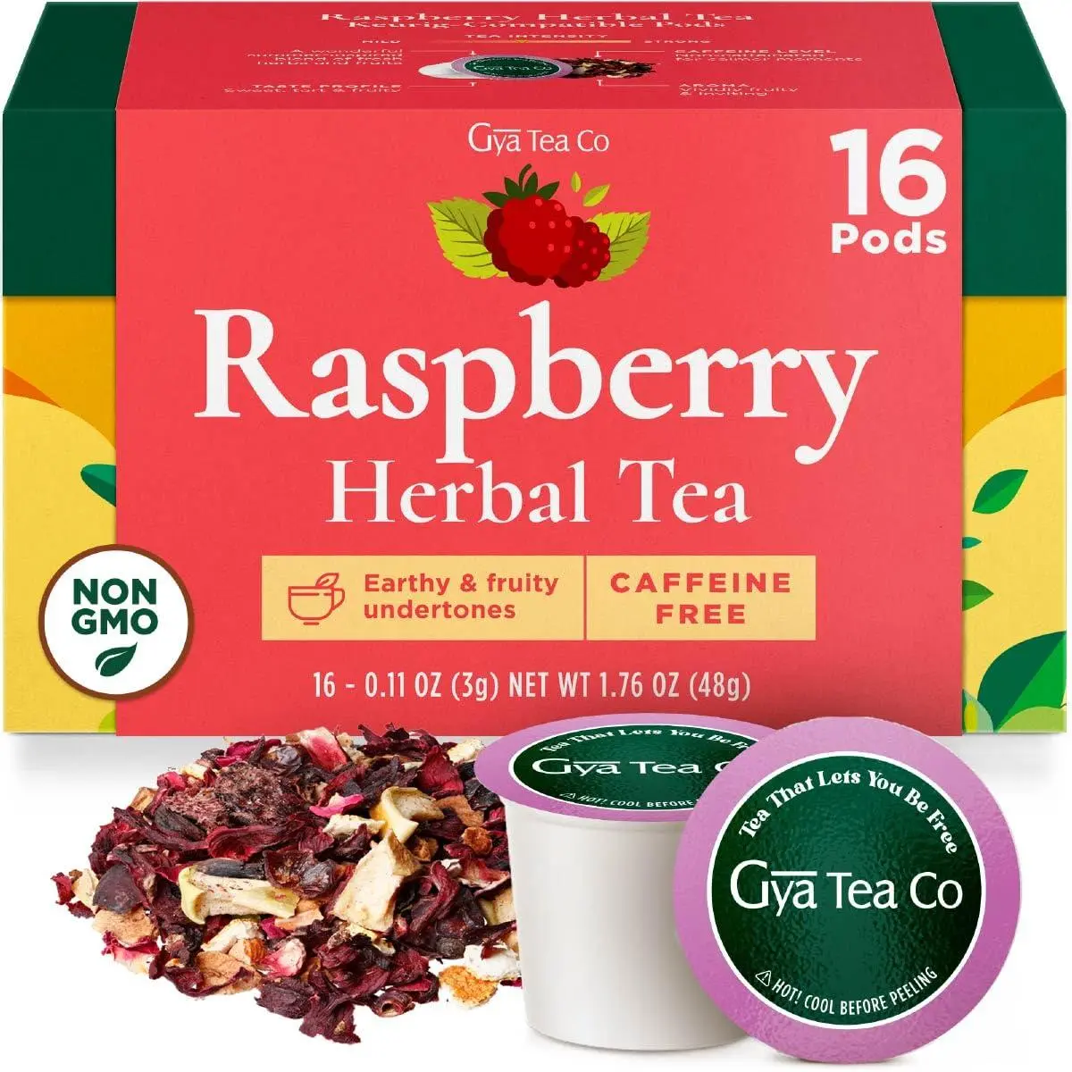 Gya Tea Co Raspberry Herbal Tea Pod (16 Count)- Decaf Wellness Tea for Body Comfort & Relaxing