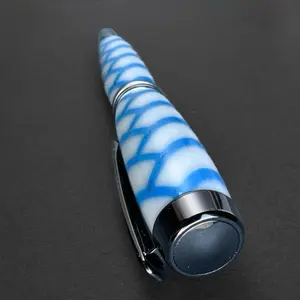 Resin Herringbone Rollerball — White & Blue Pattern — Dark Gunmetal Hardware