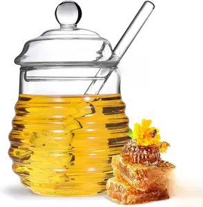 Glass Honey Jar with Dipper and Lid – Clear Honey Pot Dispenser for Kitchen, Syrup & Honey Storage, Easy Clean