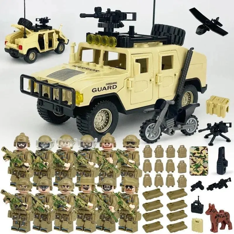 Small Particle Plastic Blocksets - Unisex Military Play Themed Toys with Special Police Suit, Bandit Fighter, Land-Sea Jeep Dolls for Babies, Party Gifts