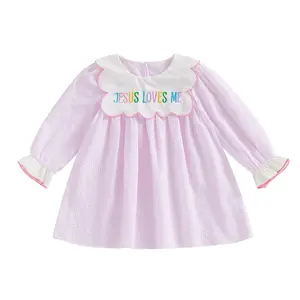 Baby Girl Clothes Easter Dress Jesus Loves Me Embroidery Striped Bubble Sleeve 12M 18M 24M 2T 3T 4T 5T 6T Christian Sunday Church Dress
