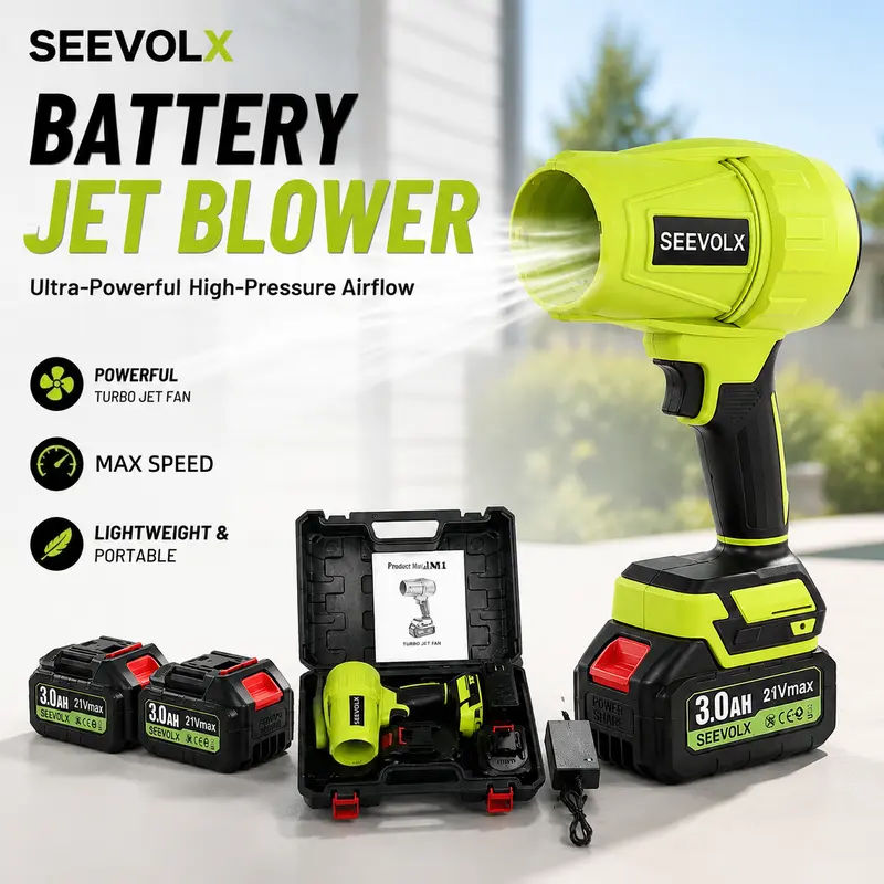 【Weekly Deals】SEEVOLX 1500G Brushless Handheld Cordless Turbo Jet Fan Battery Powered Blower Tool Kit, 2×21V Lithium Batteries & Charger, Portable Air Duster for Leaf, Lawn Care
