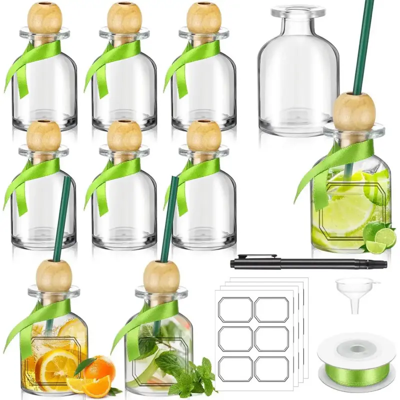 10-Pack Transparent 2oz/50ml Mini Empty Beverage Container Set, Patron Shot Glass Bottles with Cork, Straw & Green Ribbon for Wedding Party Decoration & Personalized Use