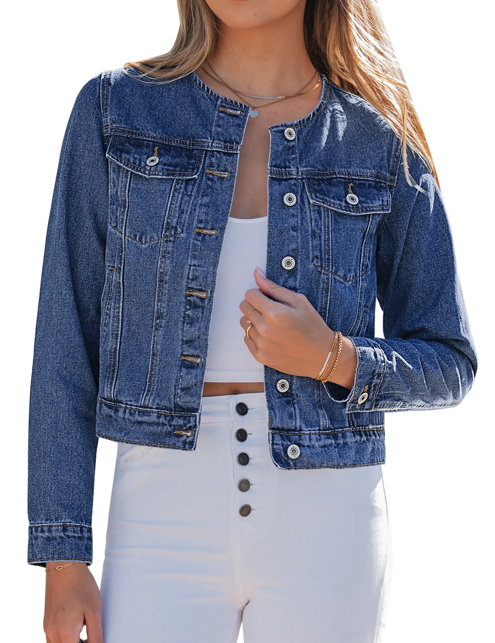luvamia Jean Jacket Women Trendy Collarless Button Down Long Sleeve Casual Western Denim Jacket Country Concert Outfits