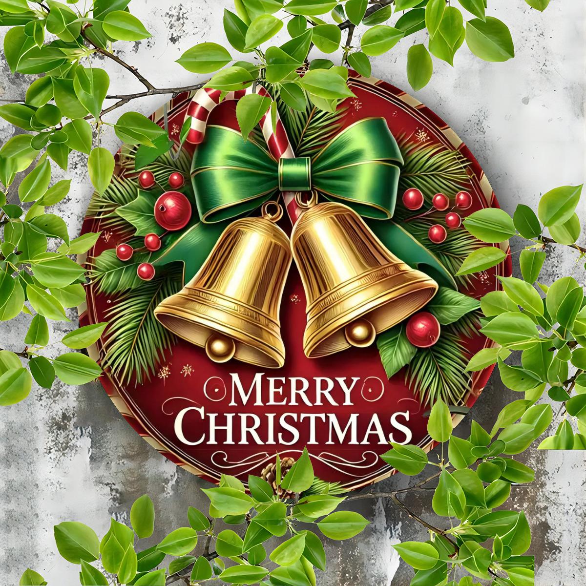 Christmas Bell Metal Wall Decor 8x8 Inch Round Iron Sign for Home Bar Garage Club Restaurant Cafe Room Decor Vintage Holiday Gift Idea