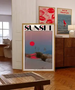 Sunset Poster, 70s Retro Print, Red Wall Art, Beach Poster, Summer House Poster, Friend Room