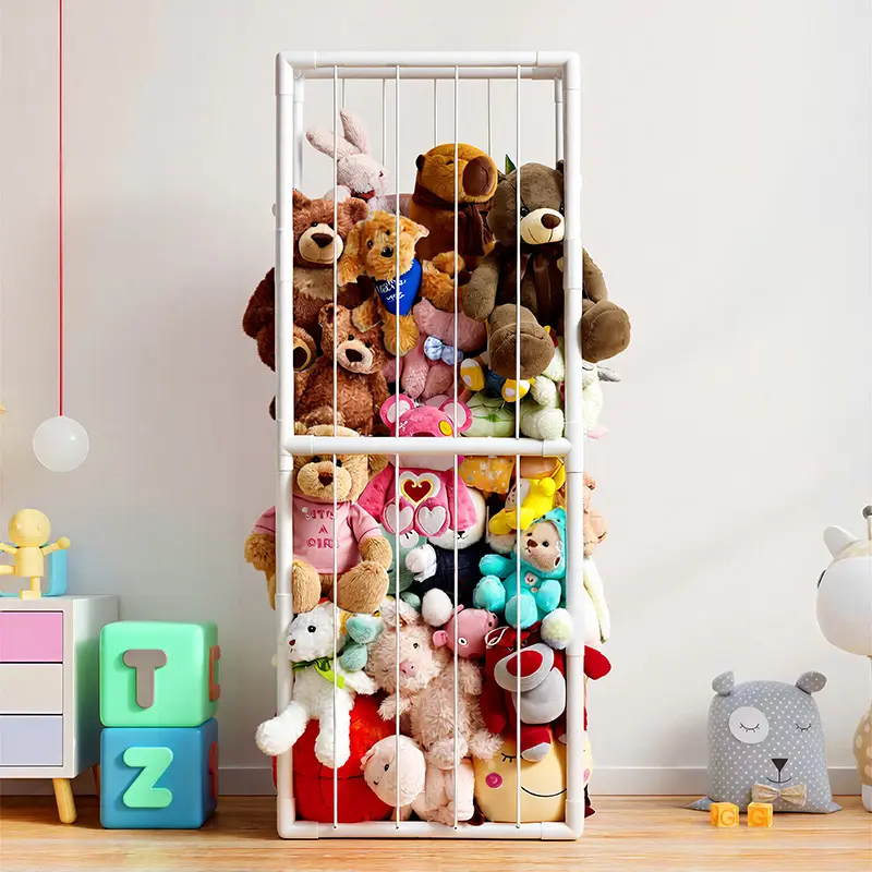 Plushie Paradise Extra-Large Plush Toy Storage Rack - 2-Layer Rectangle, Thickened PVC Tubing, Elastic Bands, Adjustable Non-Woven Shelf, Insert Mount, Durable Reinforced, Room Storage Boxes for Playrooms, Nurseries