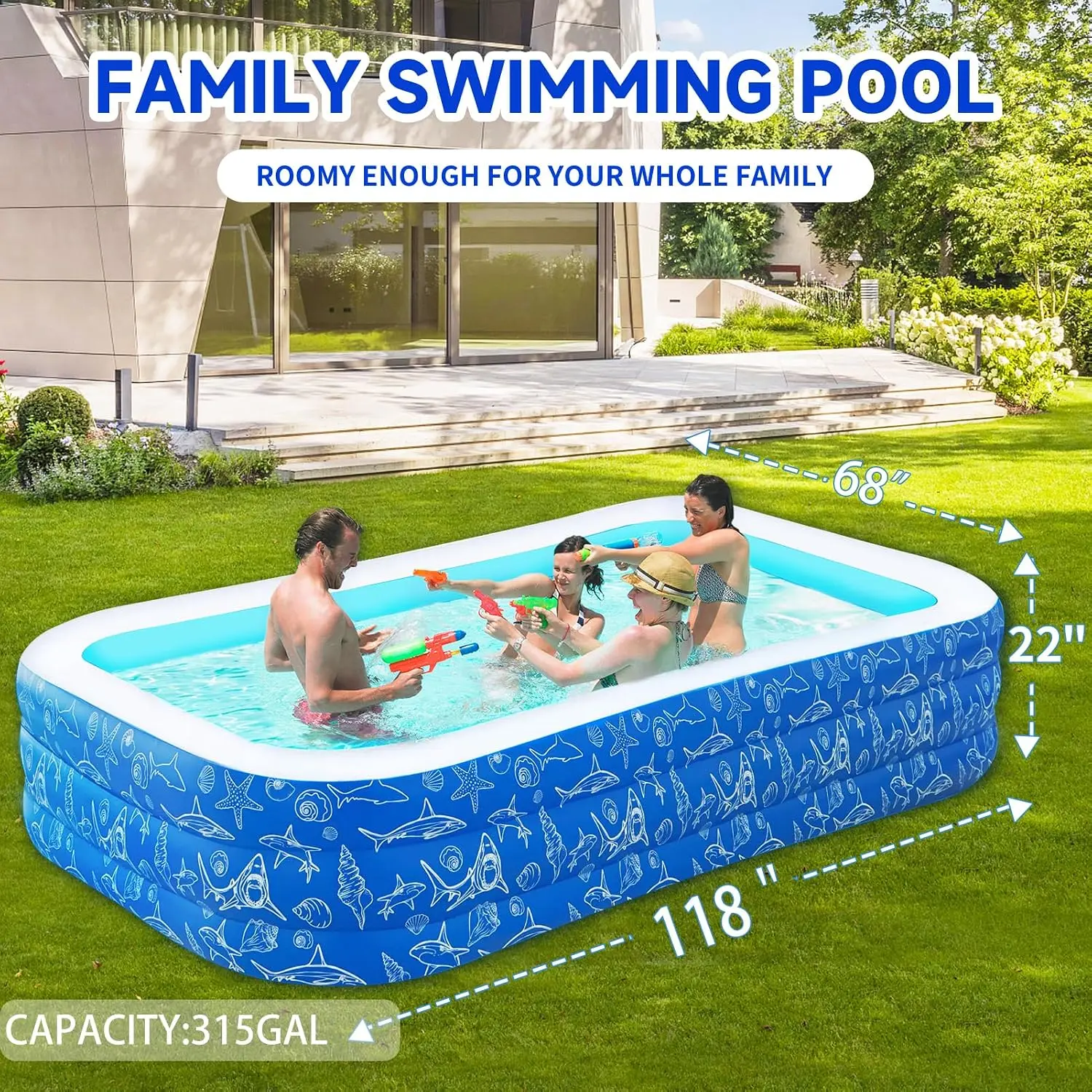 Inflatable Swimming Pool 118"x68"x22" Thickened Durable PVC 3-Chamber, Above Ground Blow Up Pool for Family Kids Adults, UV-Safe Indoor Outdoor Backyard Summer Water Fun