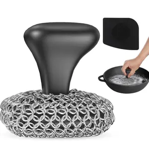 Purgreat Cast Iron Scrubber | Dish Scrub Brush | 316 Cast Iron Cleaner Chainmail Scrubber for Cast Iron Pan Skillet Cleaner - Dish Scouring Pad Dishwasher Safe Cleaning Kit Black 03
