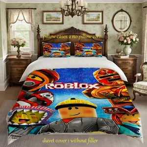 3pcs Roblox Pattern Bedding Set, Breathable Comfort Print Duvet Cover, All-Season Use, 100% Polyester Fabric, Gift Idea