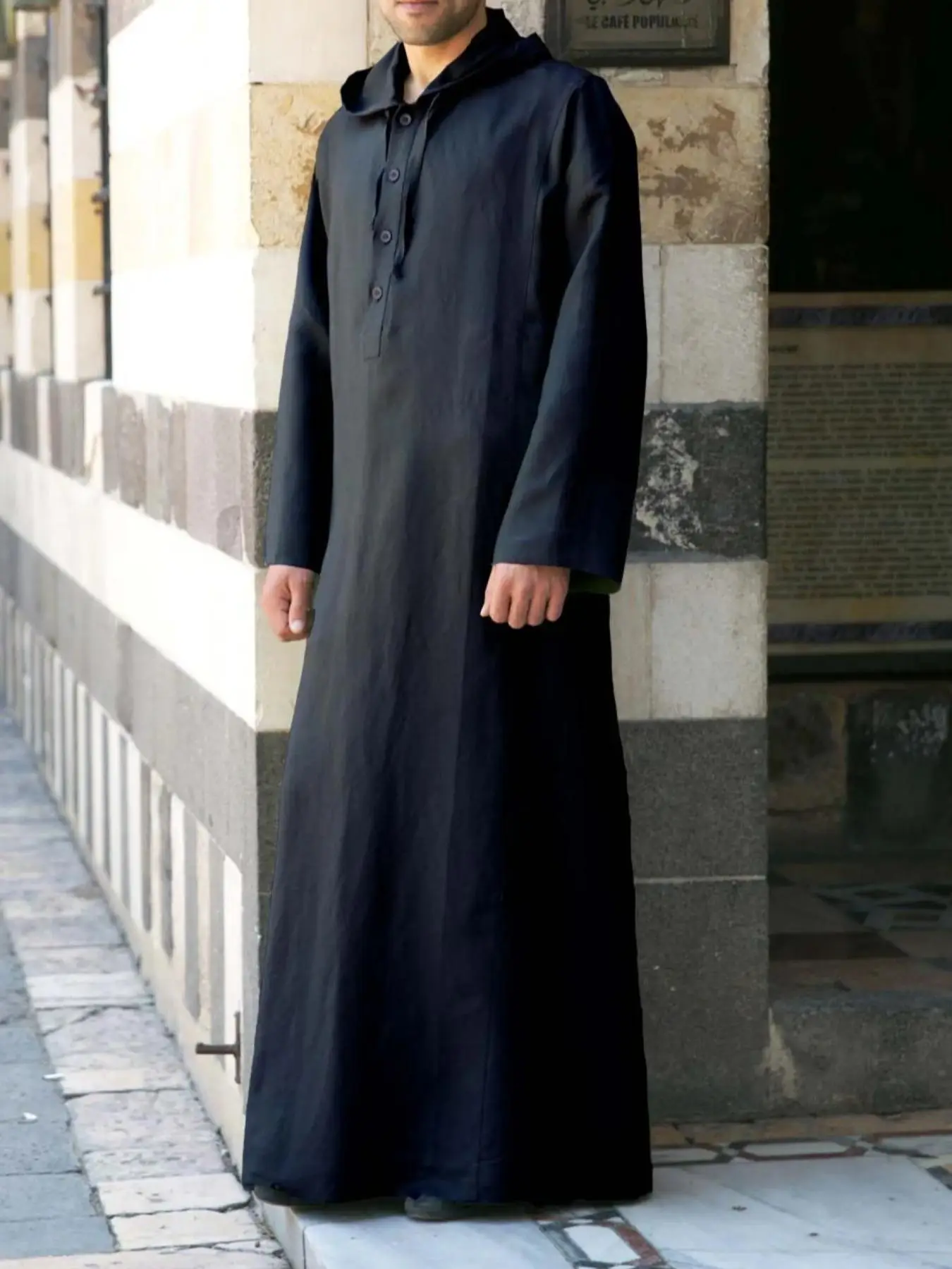 Men's Solid Color Hooded Robe, Casual Comfy Long Sleeve Button Robe for Daily Wear, Men's Islamic Clothing for All Seasons