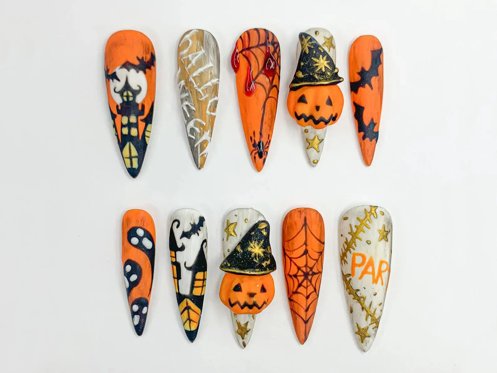Halloween Press-On Nails, 3D Blood Drip & Pumpkin Design Set, Creepy Cute Almond-Shaped False Nails for Scary Holiday Decoration