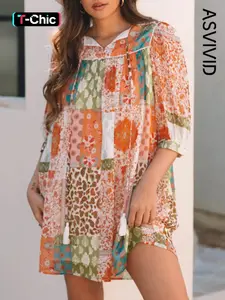 Women's Elegant Chic Loose Bohemian style Paisley Mixed Print 3/4 Sleeve Chiffon Dress
