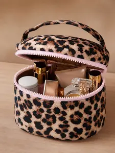 Vintage Leopard Print Makeup Bag, Large Capacity Storage Pouch, Durable Polyester, Ideal for Travel, Bathroom, Gym, Office, Daily Use