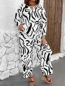 Plus Size Zebra Print Matching Two-Piece Set, Casual V-Neck Long Sleeve Top & Wide Leg Pants, Women's Daily Wear Plus Size Outfit, Womenswear