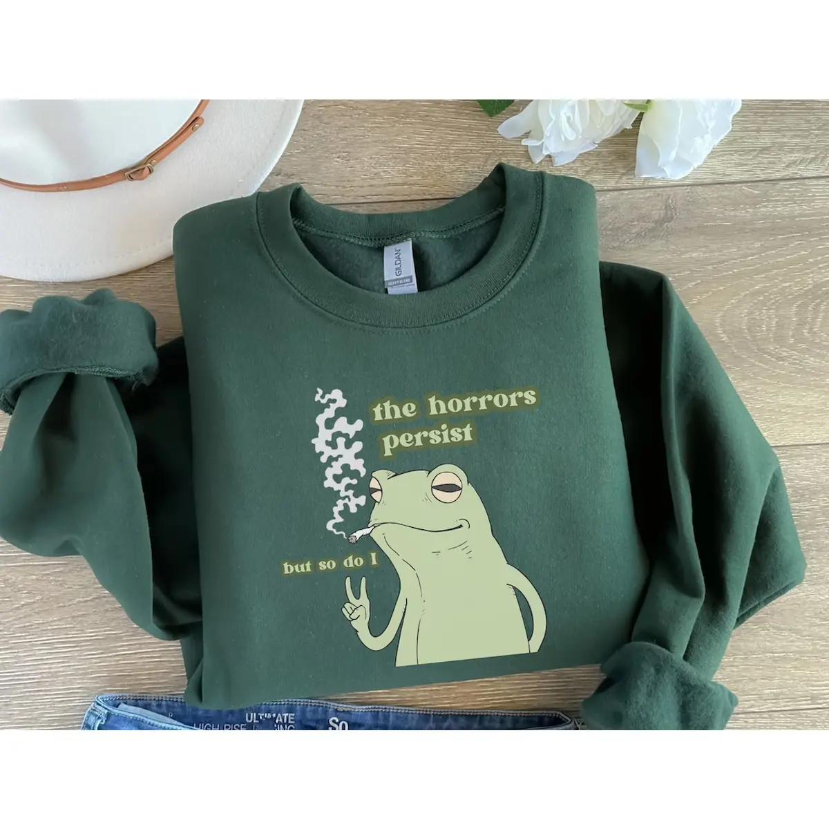The Hor.rors Persist Frog Sweatshirt, Funny Crewnecks, Froggy, Funny Cottage Core, Frog Lover, Silly Gift, Liberal Democrat, Gag Gift, Trendy Crewneck