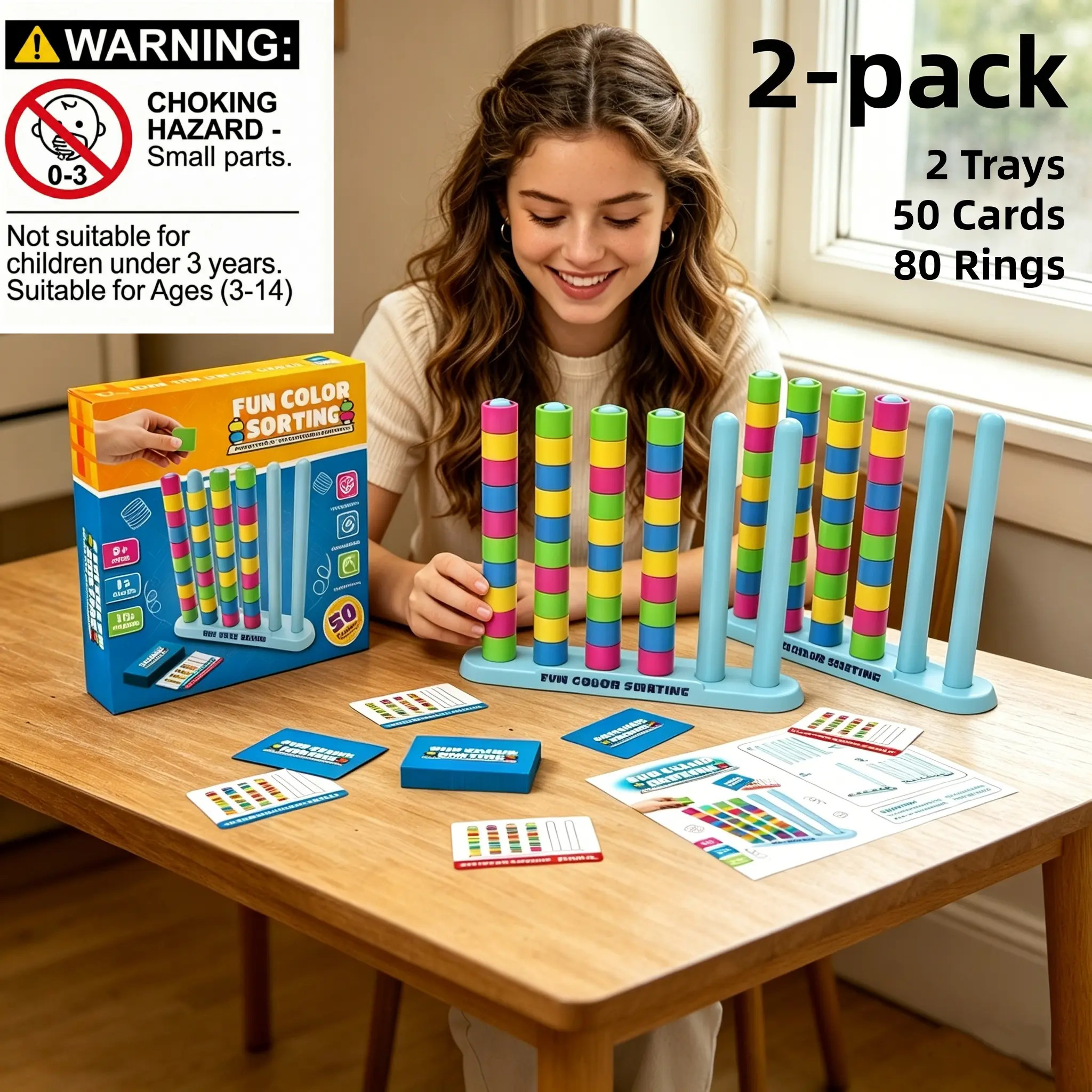 STEM Fast-Paced  Color Sorting Stacking Puzzle Toy for Kids Ages 3-8, Color Stack Challenge Game, with 2 Stacking Trays, 50 Double-Sided Challenge Cards& 80 Rings, Educational Brain Teaser Matching Activity, Indoor Outdoor Party Play Gift for Boys Girls