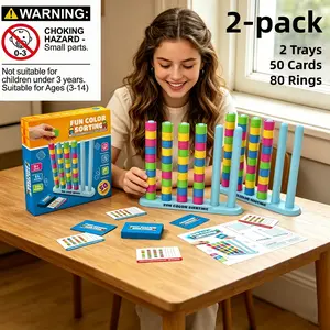 STEM Fast-Paced  Color Sorting Stacking Puzzle Toy for Kids Ages 3-8, Color Stack Challenge Game, with 2 Stacking Trays, 50 Double-Sided Challenge Cards& 80 Rings, Educational Brain Teaser Matching Activity, Indoor Outdoor Party Play Gift for Boys Girls