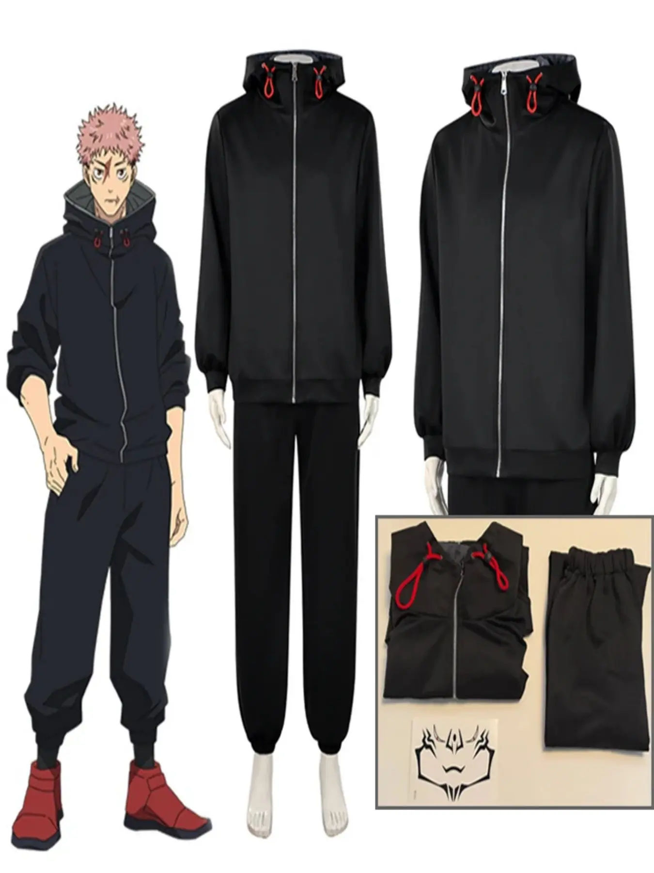 Yuji Itadori Cosplay Costume Set with Wig Black Jacket Hoodie Uniform Anime Sportswear Halloween Unisex Outfit