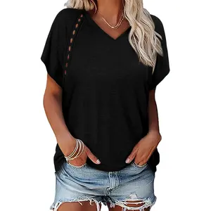 Angerella Womens Fashion Oversized Summer Tops Casual Short Sleeve V Neck Lace Patchwork Shirts 2026 Basic T-Shirts Tee Blouses