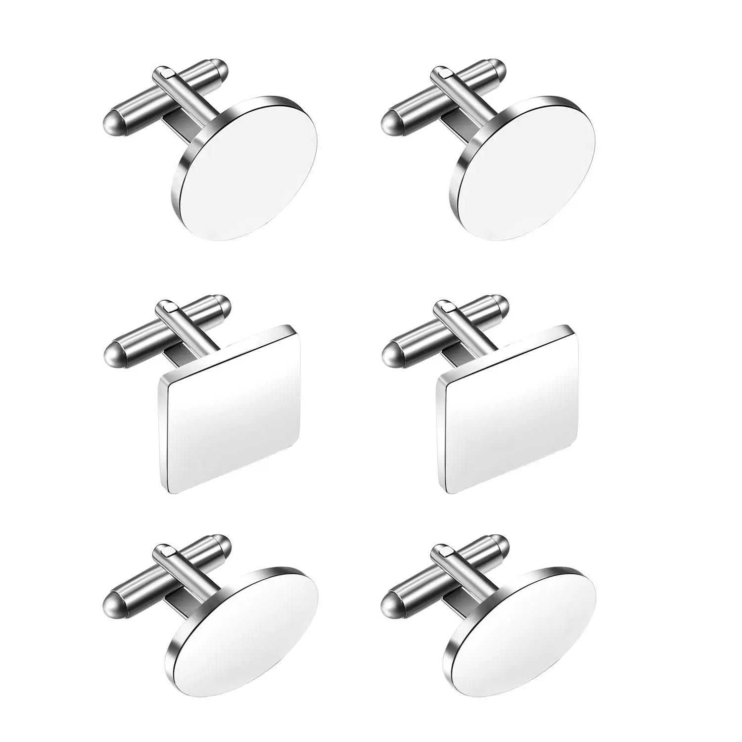 OIDEA Men's Cufflinks Set of 3 Pairs - Round Square Oval Stainless Steel Polished Shirt Cuff Links for Wedding Party Anniversary