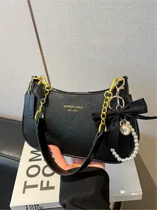 Elegant Plain Color Shoulder Crossbody Bag with Butterfly Knot Charm, Stylish Commuter Clutch for Women, Fashionable Daily Use Accessory