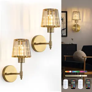LIKERTLA Crystal Battery-Operated Wall Sconces Set of 2, Gold Rechargeable Wireless Wall Lamps with Remote, 13 Colors RGB Dimmable, Auto Timer Decor Fixture for Living Room, Bedroom